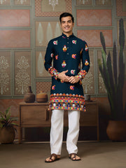 Teal Blue Mirror Work Embroidered Kurta