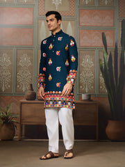 Teal Blue Mirror Work Embroidered Kurta