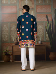 Teal Blue Mirror Work Embroidered Kurta