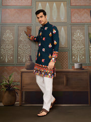 Teal Blue Mirror Work Embroidered Kurta