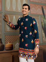 Teal Blue Mirror Work Embroidered Kurta