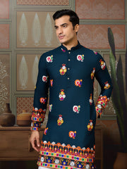 Teal Blue Mirror Work Embroidered Kurta