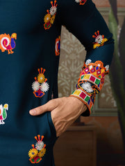 Teal Blue Mirror Work Embroidered Kurta