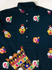 Teal Blue Mirror Work Embroidered Kurta