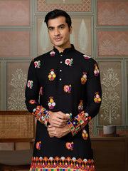 Black Multicolor Embroidered Mirror Work Kurta