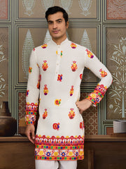 White Multicolor Embroidered Festive Kurta