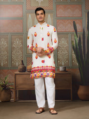 White Multicolor Embroidered Festive Kurta