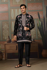 Black Mens Kurta with Stylish Koti for Wedding Wear
