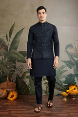 Black Roman Silk Kurta with Jacquard Koti Jacket