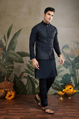 Black Roman Silk Kurta with Jacquard Koti Jacket