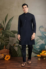 Black Roman Silk Kurta with Jacquard Koti Jacket