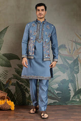 Blue Gray Open Koti Style Full Kurta Pajama Set for Men