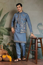 Blue Gray Open Koti Style Full Kurta Pajama Set for Men