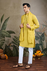 Stylish Look Perfect Haldi Yellow Color Men's Kurta with Dupatta