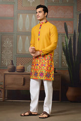Classic Yellow Cotton Mens Ready to Wear Kurta for Navratri