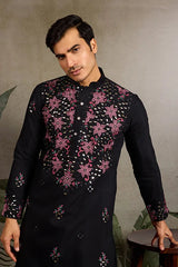 Black Mirror Work with Embroidered Kurta Set for Men