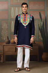 Navy Blue Embroidered Festival Wear Kurta for Men