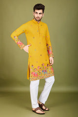 Yellow Embroidered Haldi Kurta for Men
