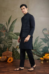 Black Roman Silk Kurta with Jacquard Koti Jacket