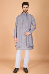 Designer Grey Viscose Silk Men's Kurta – Elegant Wedding Attire