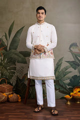Designer White Cotton Kurta with Embroidered Koti
