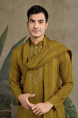 Silk Party Wear Rust Yellow Jari Work Kurta & Dupatta for Men's