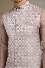 Dusty Brown Silk Kurta with Jacquard Koti Jacket