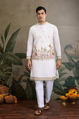 Designer White Cotton Kurta with Embroidered Koti