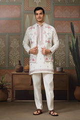 Ethnic White Embroidered Koti Kurta Set for Men⭐⭐⭐⭐⭐