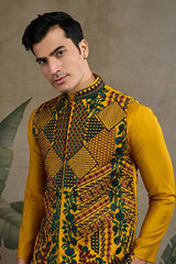 Latest Yellow Silk Kurta with Swarovski Koti Jacket for Men’s