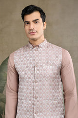 Dusty Brown Silk Kurta with Jacquard Koti Jacket
