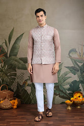 Dusty Brown Silk Kurta with Jacquard Koti Jacket