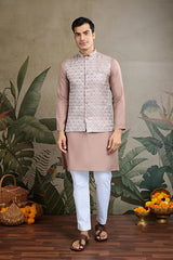 Dusty Brown Silk Kurta with Jacquard Koti Jacket