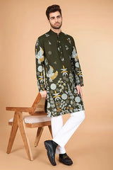 Olive Viscose Rayon Designer Men's Kurta for Festive