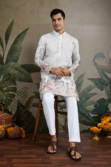 Designer White Silk printed kurta for men