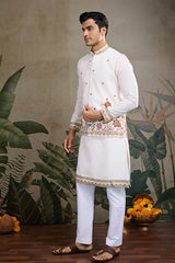 Designer White Cotton Kurta with Embroidered Koti