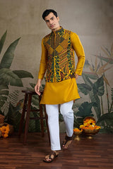 Latest Yellow Silk Kurta with Swarovski Koti Jacket for Men’s