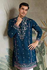 Teal Blue Embroidered Fancy Kurta for Men