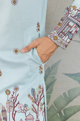 Traditional Sky Color Embroidered Kurta Pajama Set for Men