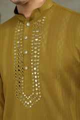 Silk Party Wear Rust Yellow Jari Work Kurta & Dupatta for Men's