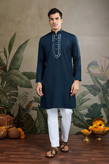 Teal Blue Viscose Rayon Kurta with Mirror Work