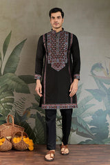 Designer Premium Embroidered Black Silk Kurta for Men