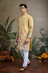 Yellow Viscose Silk Mens kurta for haldi ceremony