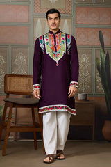 Purple Festival Wear Embroidery Mens Wear Kurta
