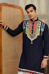 Navy Blue Embroidered Festival Wear Kurta for Men