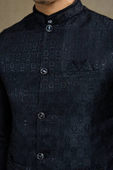 Black Roman Silk Kurta with Jacquard Koti Jacket