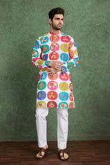Multi Color Print with Embroidered Kurta and Pajama for Men