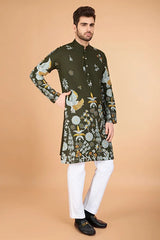 Olive Viscose Rayon Designer Men's Kurta for Festive
