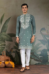Pastel Pista Viscose Silk Embroidered Kurta for Men