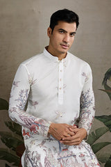 Designer White Silk printed kurta for men